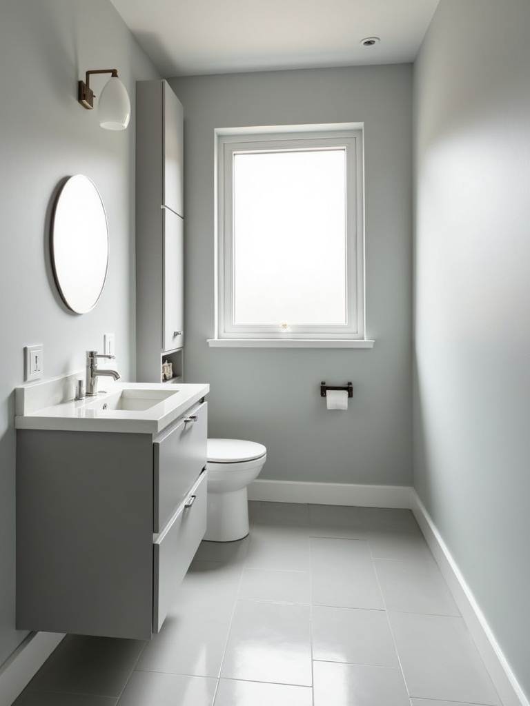 Small modern bathroom featuring a monochromatic light grey color palette throughout walls, floor, and vanity, creating a cohesive, calming, and spacious atmosphere in the light-filled room.
