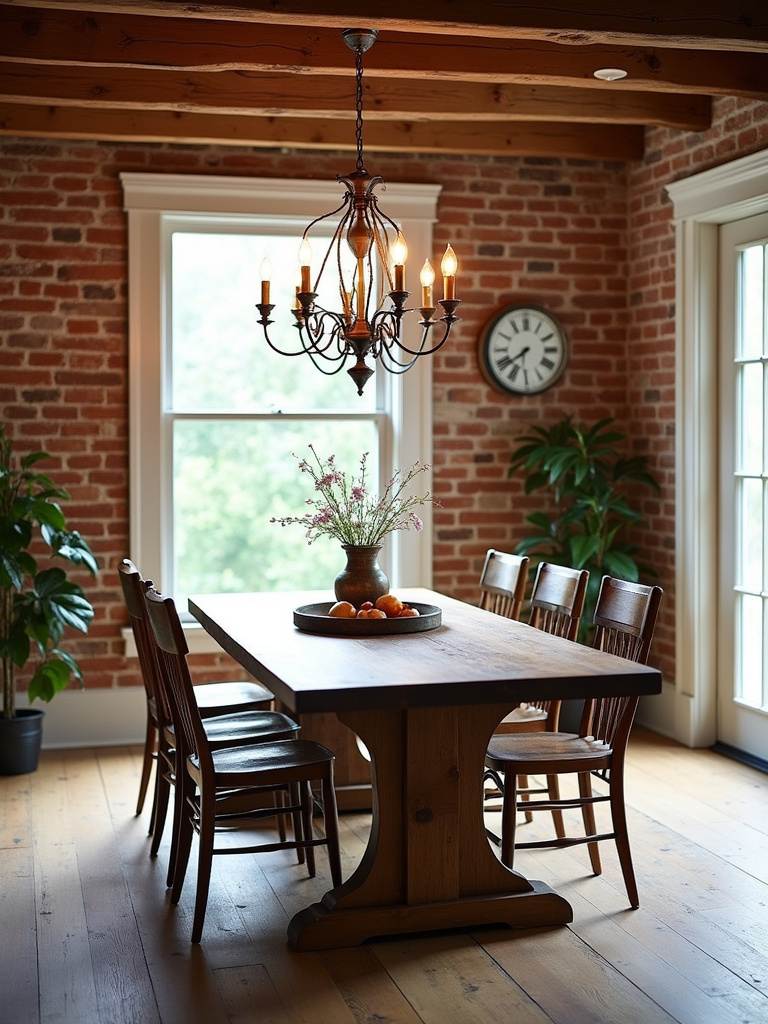 “Rustic farmhouse dining room with a wooden trestle table, mismatched chairs, vintage chandelier, exposed brick wall, and wide plank floors.”