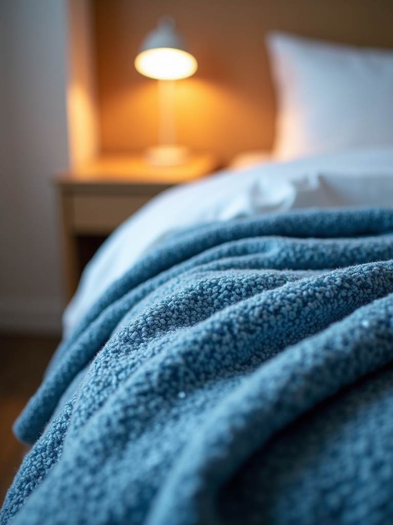 Close-up of a cozy blue geometric throw blanket folded over the corner of a bed, highlighted by soft warm bedside lamp lighting, creating an inviting texture.