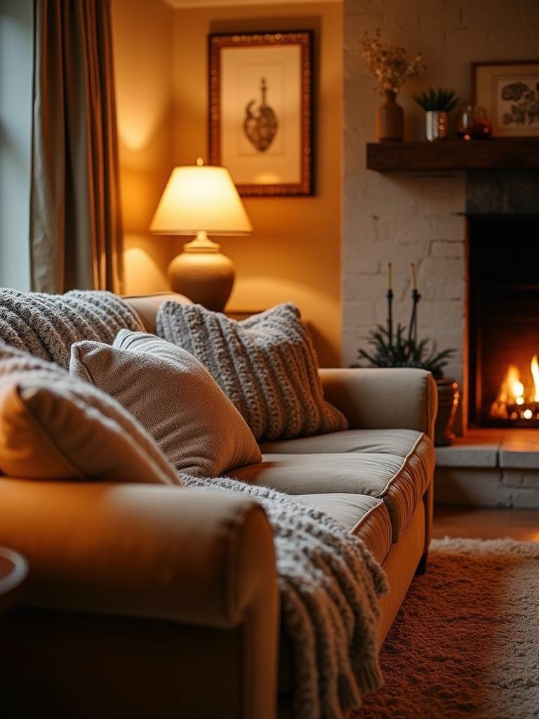 Rustic style cozy living room with plush velvet sofa, warm textures, and soft ambient lighting creating an inviting atmosphere.