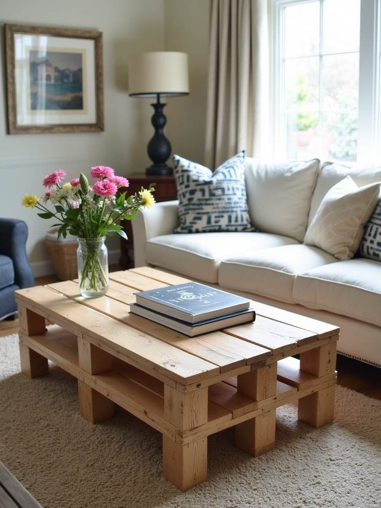 Rustic-chic living room with a DIY coffee table crafted from upcycled wooden pallets.