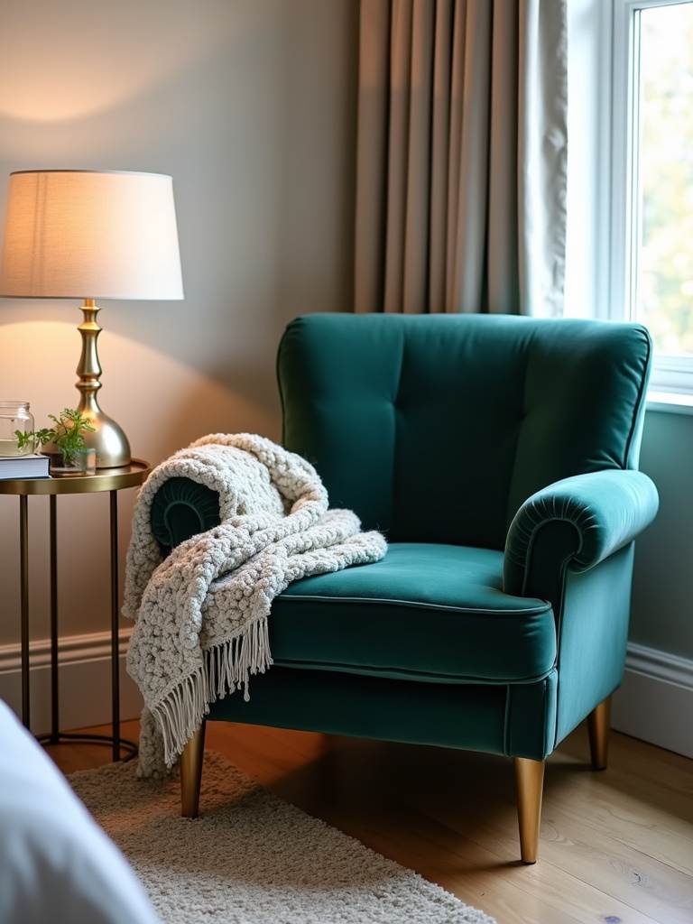 Cozy bedroom seating corner with velvet armchair, soft lighting, and rug.