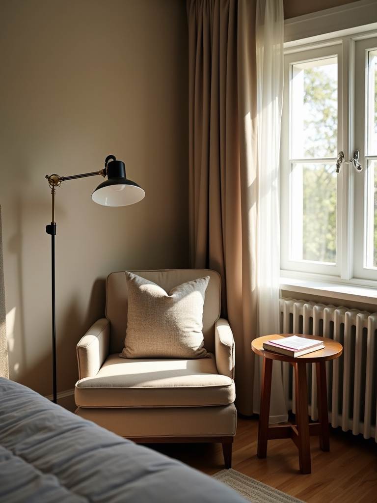 Cozy reading nook in a bedroom with an armchair, floor lamp, and side table.