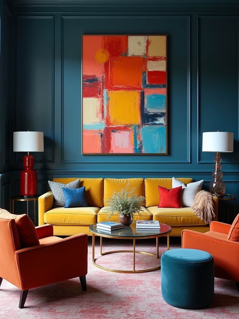 Eclectic living room with a large abstract art piece serving as a strong focal point, with furniture arranged to highlight it.