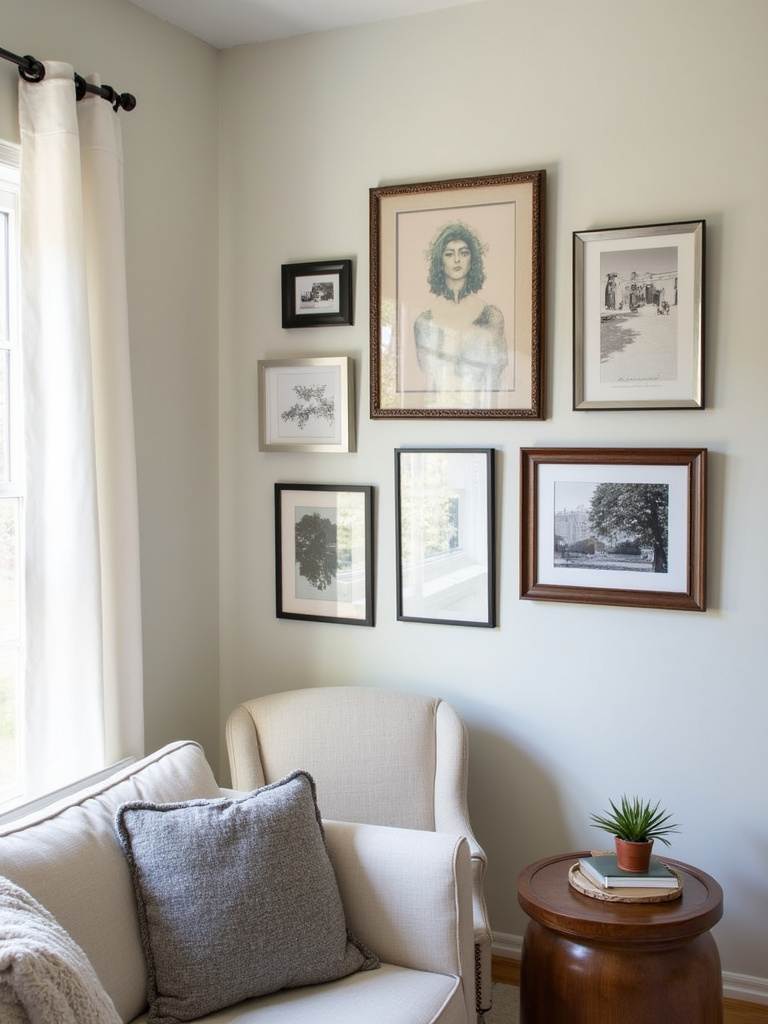 Eclectic and stylish gallery wall in a living room, featuring a mix of framed prints.