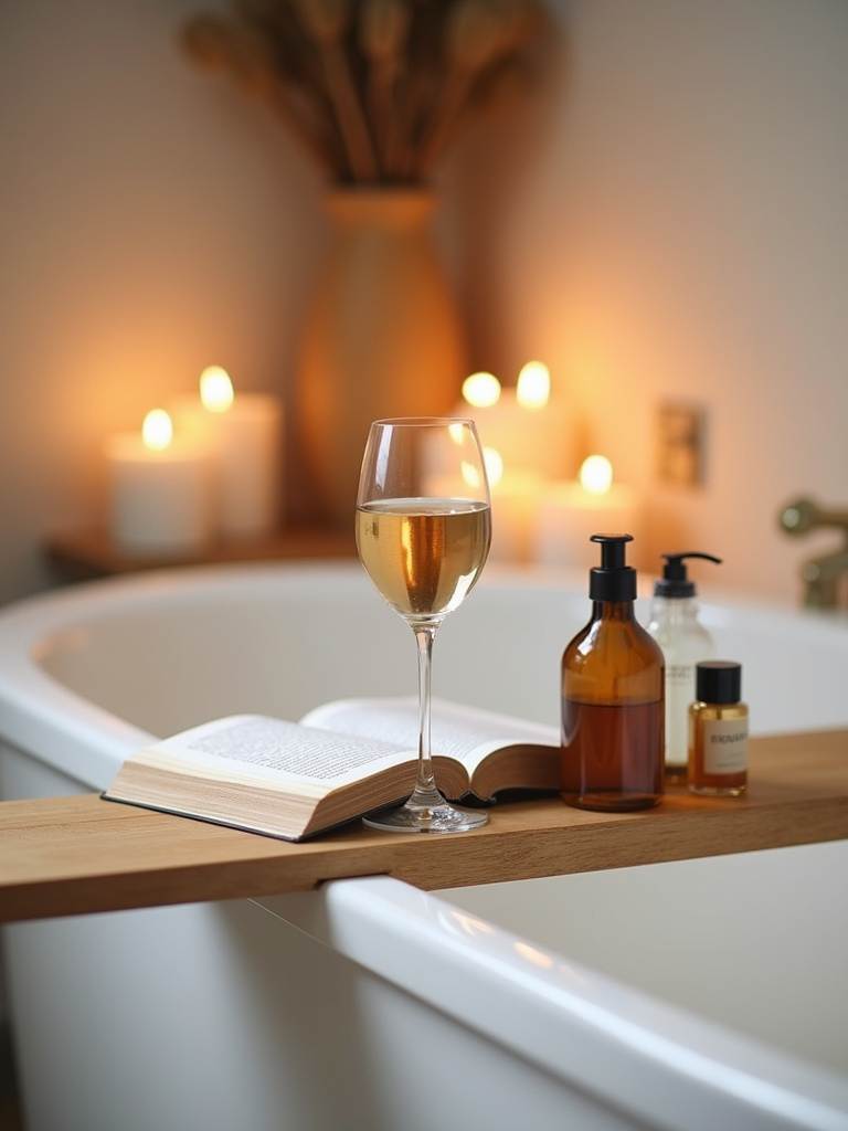 Bathtub with a DIY wooden bath caddy, adding functionality and style to bath time relaxation.