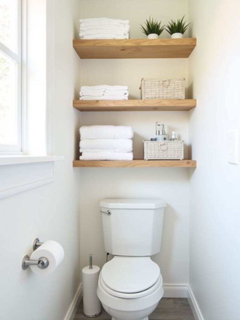Bathroom with DIY light wood open shelving above the toilet, a stylish storage solution.