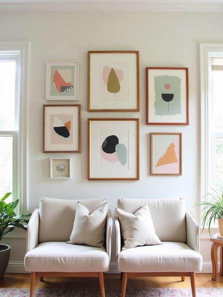 Living room wall decorated with a gallery of DIY abstract art in thrifted frames.