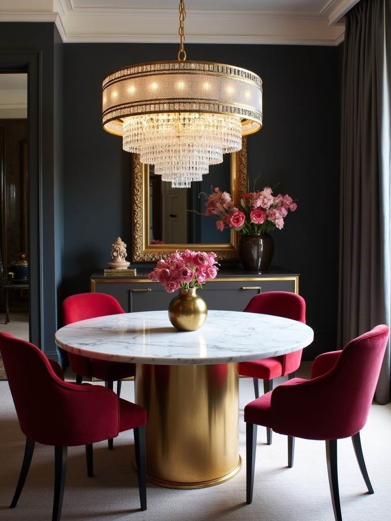 “Glamorous dining room with a marble and gold dining table, velvet chairs, crystal chandelier, mirrored wall, and moody lighting.”