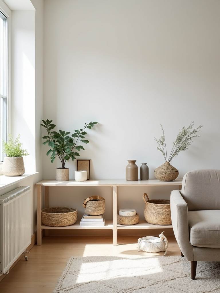 Clean and organized minimalist living room showcasing decluttered surfaces and storage solutions.