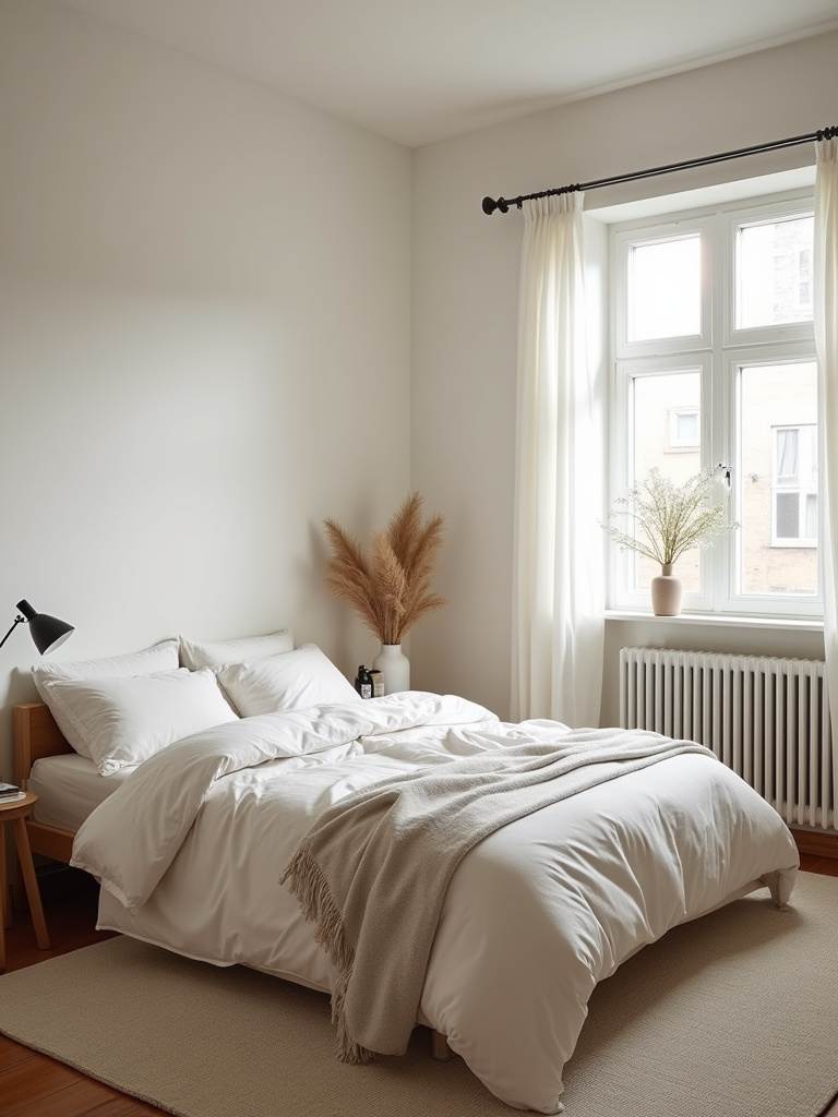 Serene and decluttered bedroom, creating a spacious and cozy vibe through minimalist decor.