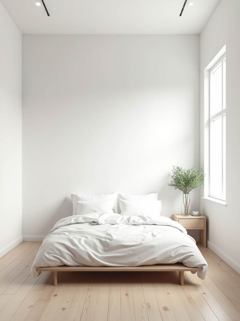 Minimalist small bedroom with white walls, light wood floor, and minimal decor, emphasizing decluttered space.