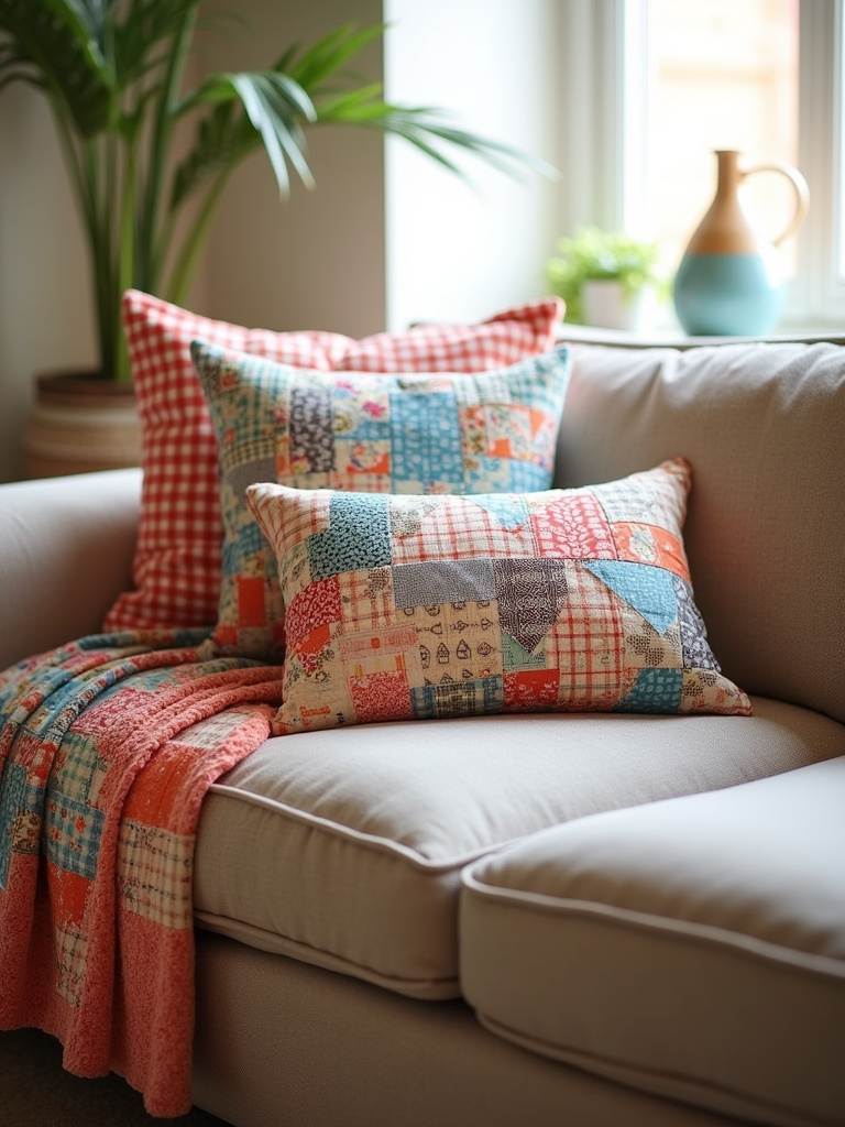 Living room sofa decorated with DIY throw pillows and a blanket made from colorful fabric scraps.