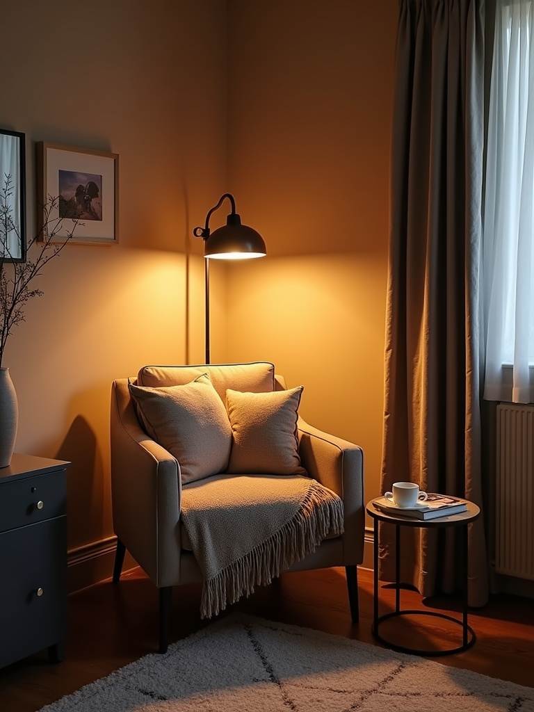 Cozy reading nook in a living room corner, featuring an armchair, floor lamp, side table, and area rug.