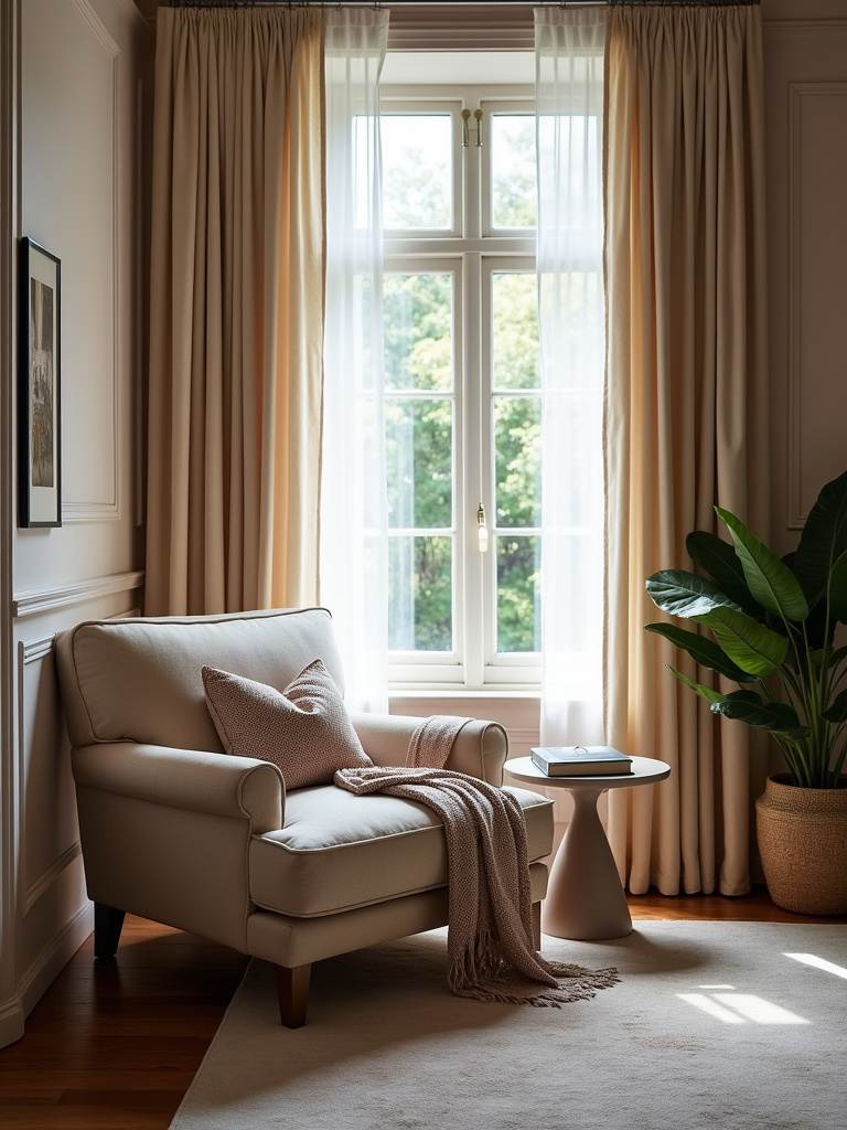 A cozy reading nook in a luxury bedroom featuring a comfortable armchair, reading light, and accessories, creating an intimate space for relaxation.