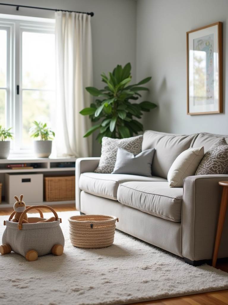 Casual contemporary family-friendly living room with a large comfortable sectional sofa, washable rug, and designated play area, designed for comfort and practicality.