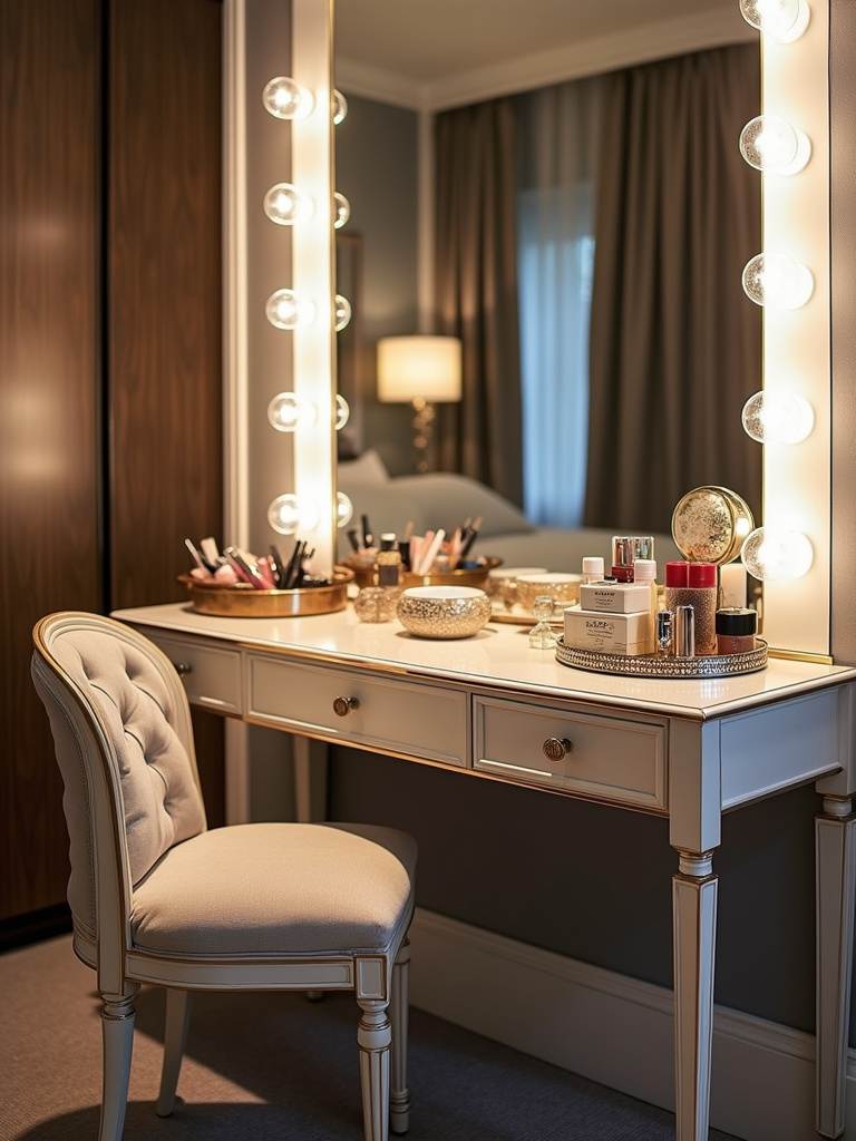 A luxurious bedroom vanity area featuring a mirrored vanity table, upholstered chair, strategic lighting, and elegantly displayed accessories.