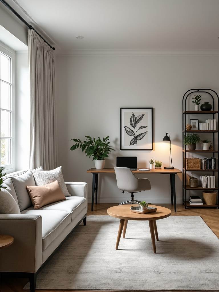 Transitional style multi-functional living room with a designated workspace corner separated from the relaxation area by shelving.