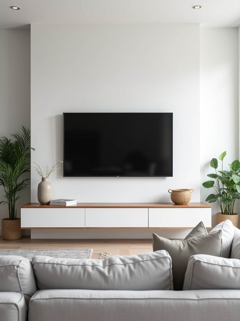Modern Scandinavian living room with a wall-mounted TV seamlessly integrated above a sleek console, maintaining a stylish aesthetic.
