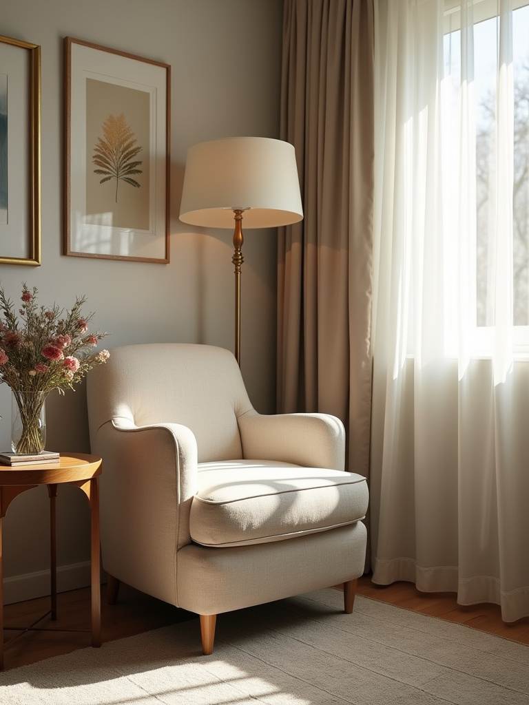Cozy reading corner designed for relaxation within a bedroom, featuring comfortable seating and soft lighting.