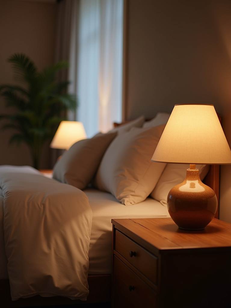 Warm, inviting bedroom scene with soft light emanating from dimmable bedside lamps, creating a romantic atmosphere.