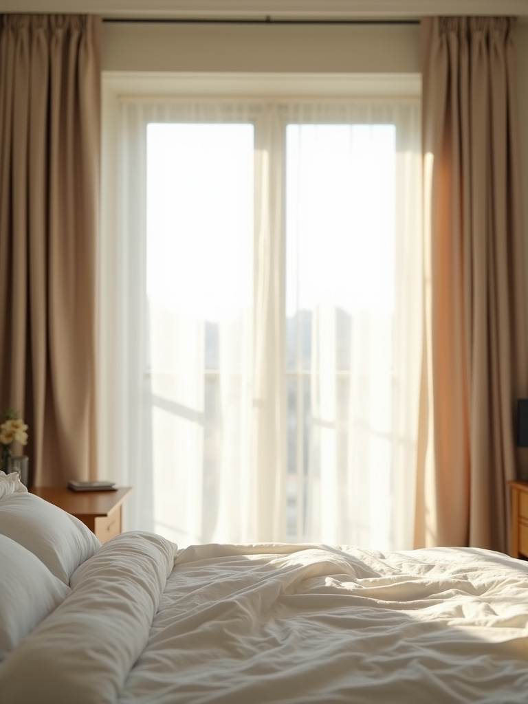 Bedroom window dressed with light-filtering curtains, allowing soft natural light to permeate the space.