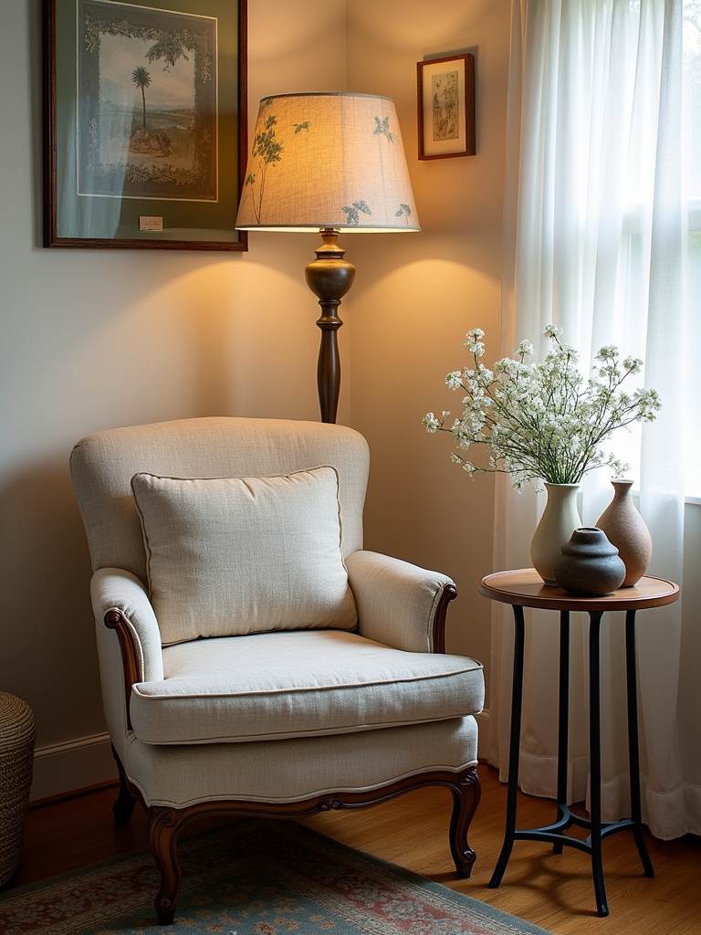 Living room corner featuring a thrifted and reupholstered armchair and vintage decor.