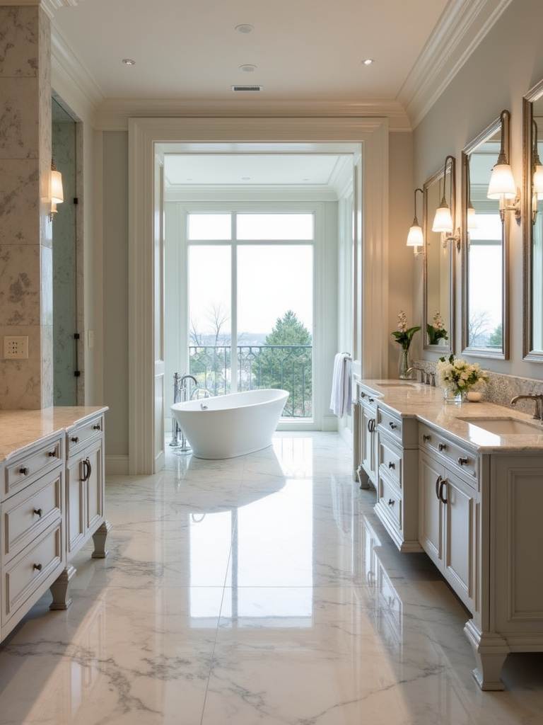 A luxurious en-suite bathroom featuring a freestanding tub, marble finishes, double vanity, and soft natural light, seamlessly connected to a bedroom.