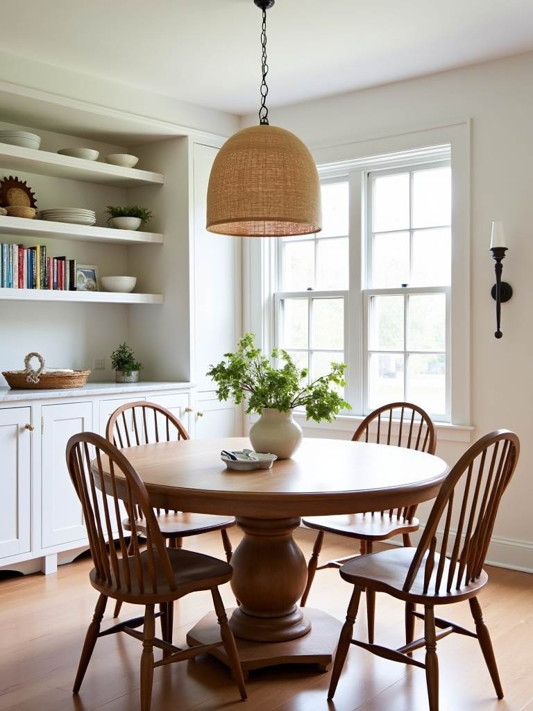 “Casual dining room designed for everyday comfort, with a round pedestal table, Windsor chairs, natural fiber pendant light, and open shelving.”