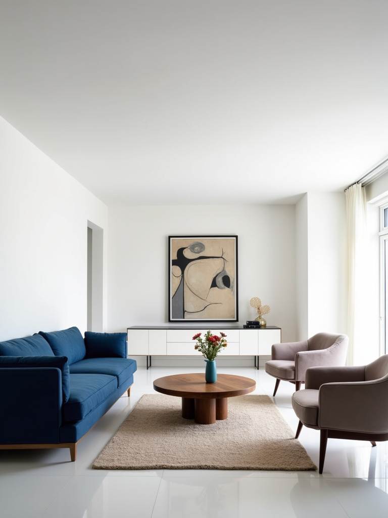 Modern contemporary living room with an asymmetrical layout featuring a large sofa balanced by different armchairs and unique decor for a dynamic feel.