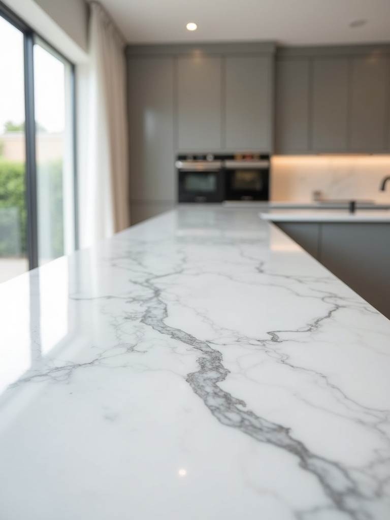 A luxurious kitchen island features a stunning white Calacatta marble waterfall countertop with bold grey and gold veining, illuminated by soft natural light.