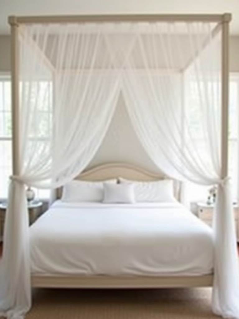 King-size bed with a flowing white voile canopy creating a romantic retreat.