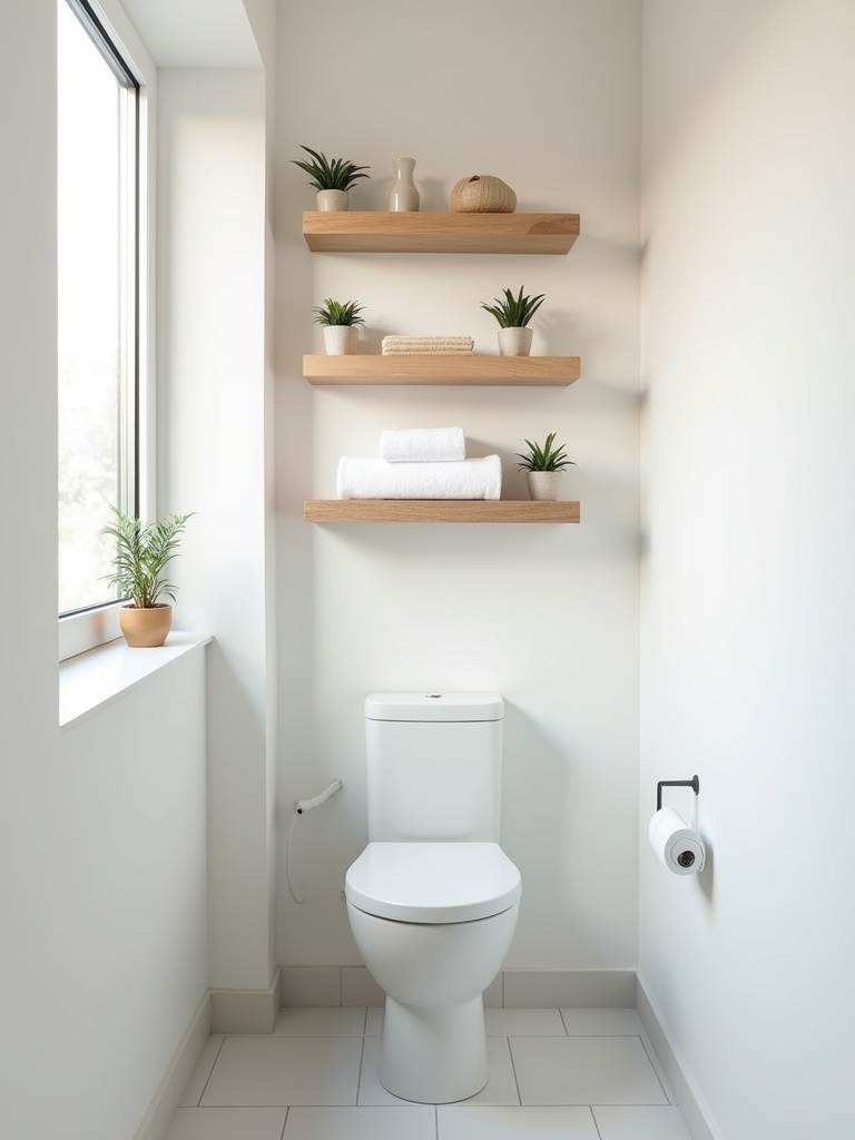 Small modern bathroom featuring light wood floating shelves mounted above the toilet, providing minimalist and space-saving storage for towels and plants in the white and light wood room.