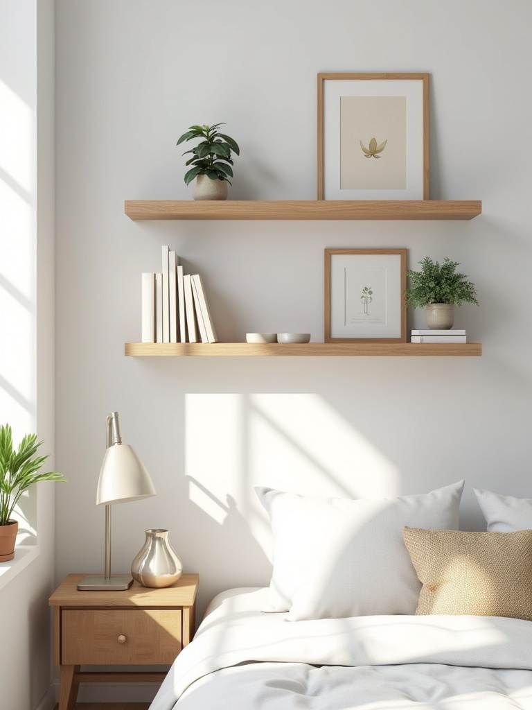 Small bedroom with light wood floating shelves styled with books, plants, and decor, providing stylish and space-saving storage.