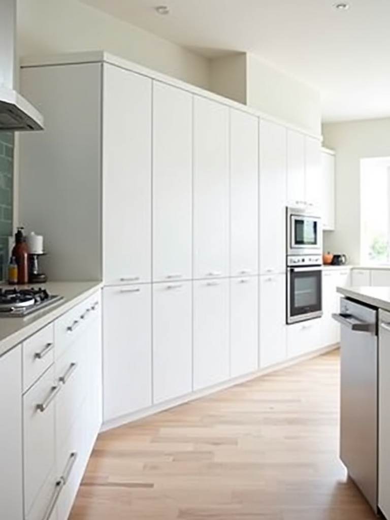Modern kitchen featuring sleek white floor-to-ceiling cabinets for maximized vertical storage.