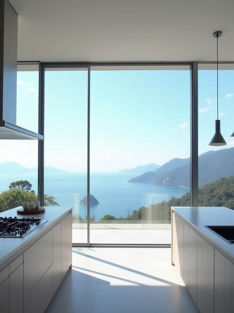 A luxury kitchen with expansive floor-to-ceiling windows offers breathtaking panoramic views of a stunning landscape, with bright natural daylight flooding the minimalist interior.