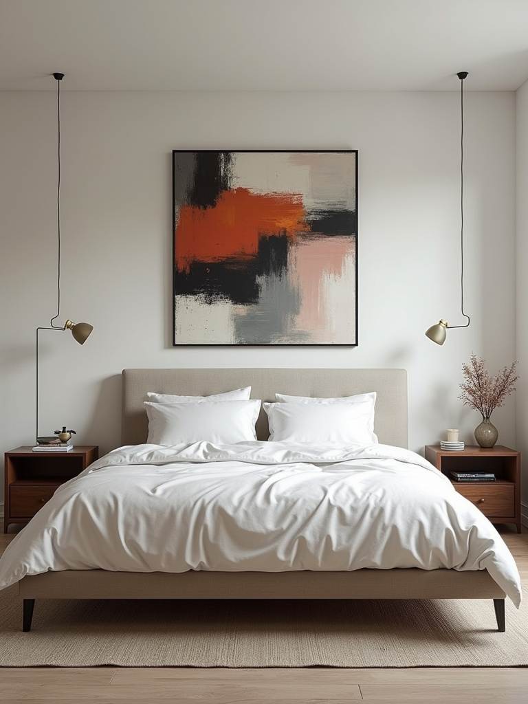 Small bedroom with a bold abstract artwork above the bed, serving as a focal point and drawing attention.