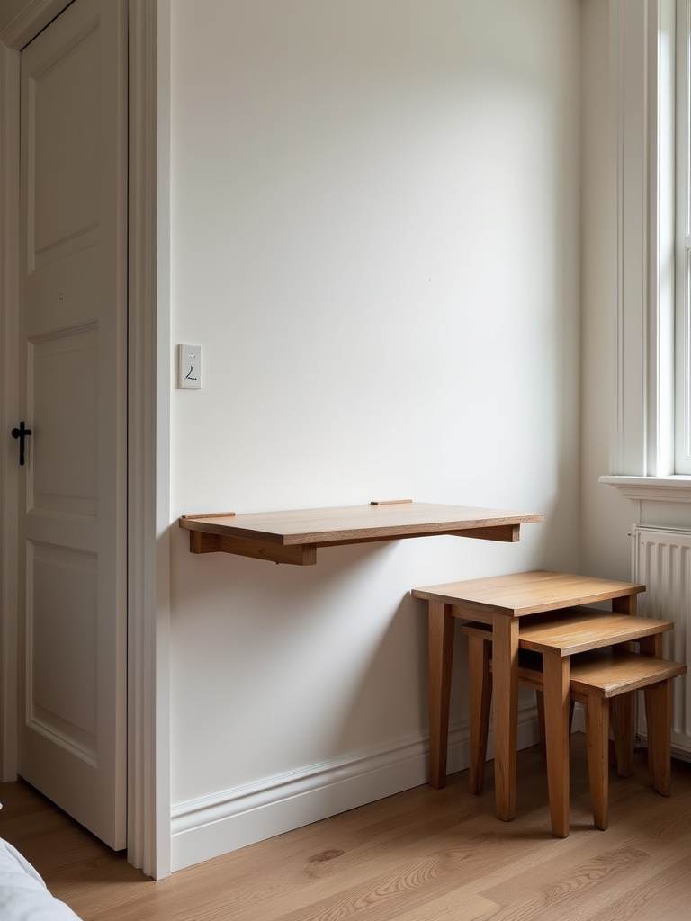 Small bedroom featuring foldable wall-mounted desk and nesting side tables, showcasing adaptable furniture for small spaces.