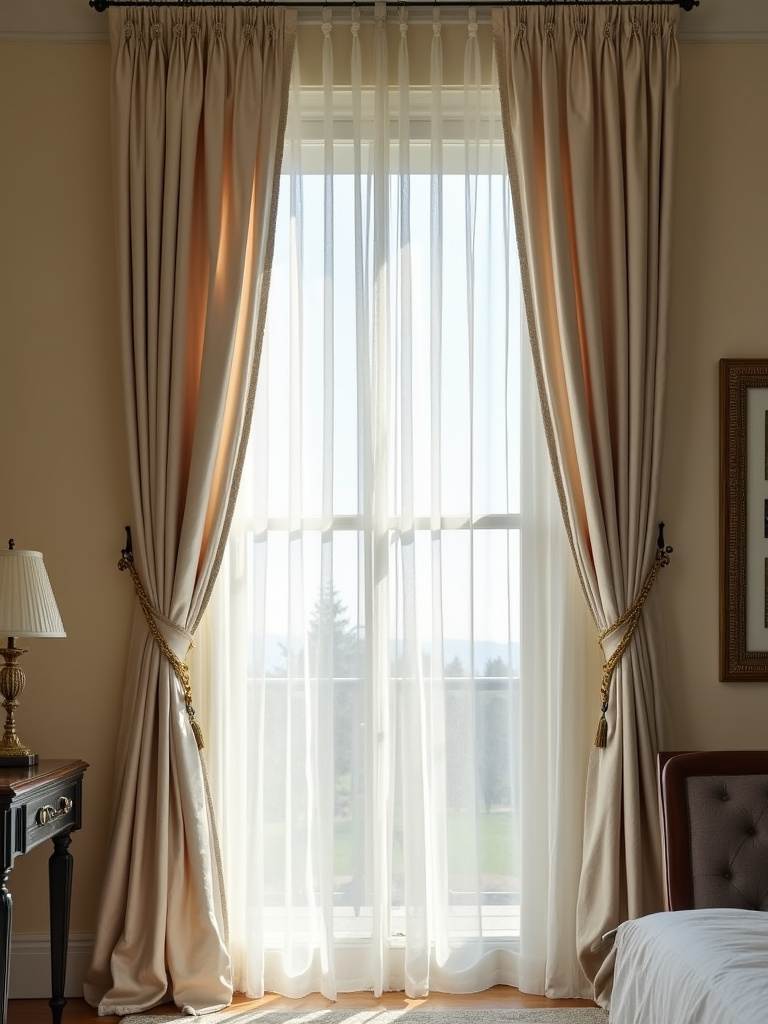 Luxurious floor-to-ceiling window treatments in a bedroom, featuring layered silk drapes and sheer curtains elegantly framing a large window.
