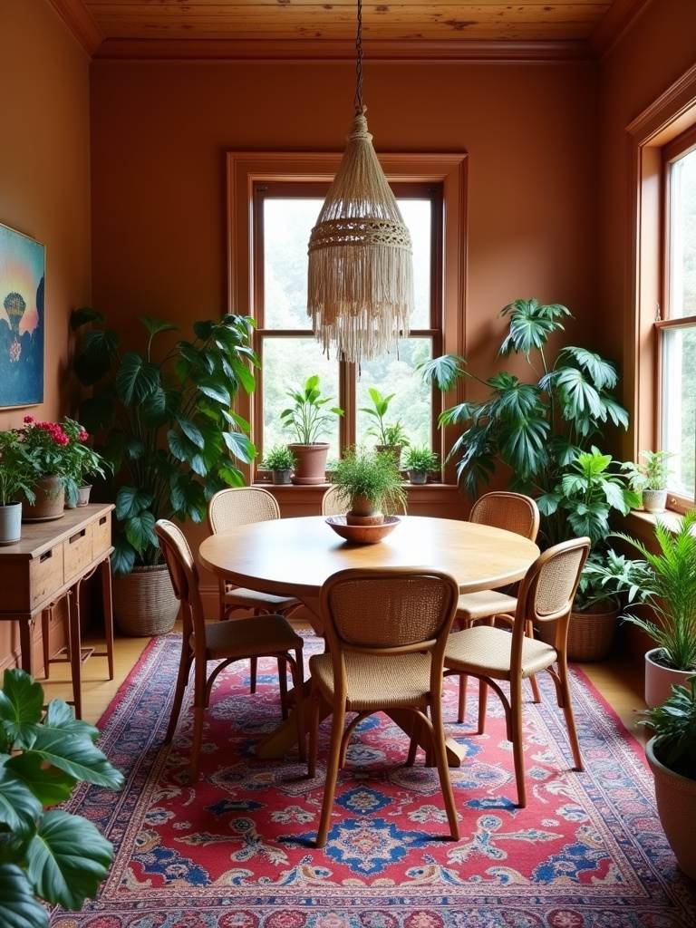 “Bohemian dining room with a wooden table, mismatched chairs, macrame pendant light, Persian rug, terracotta walls, and many plants.”