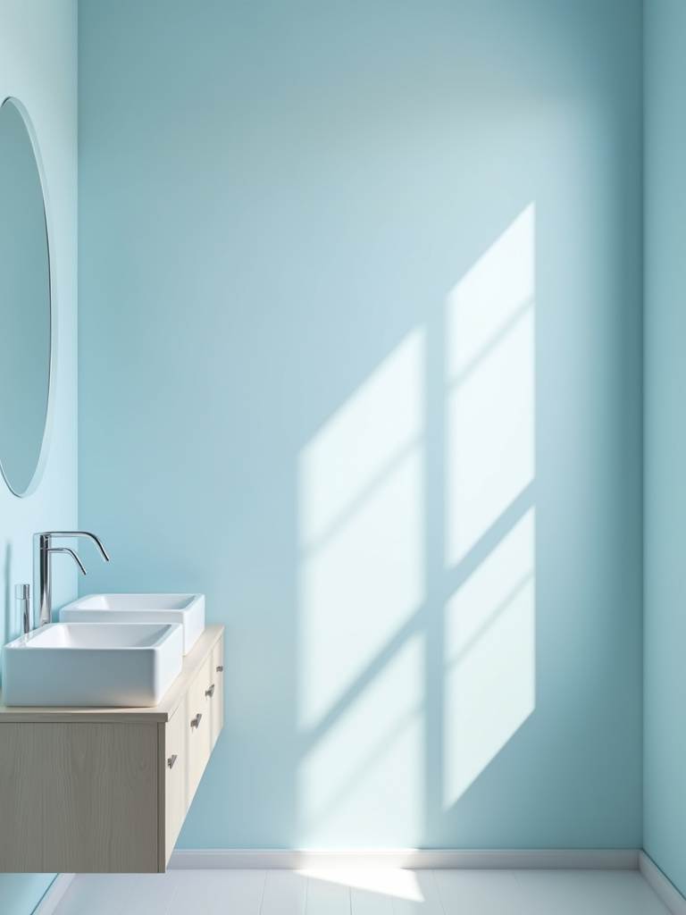 Freshly painted light blue bathroom with natural light, highlighting a budget makeover.