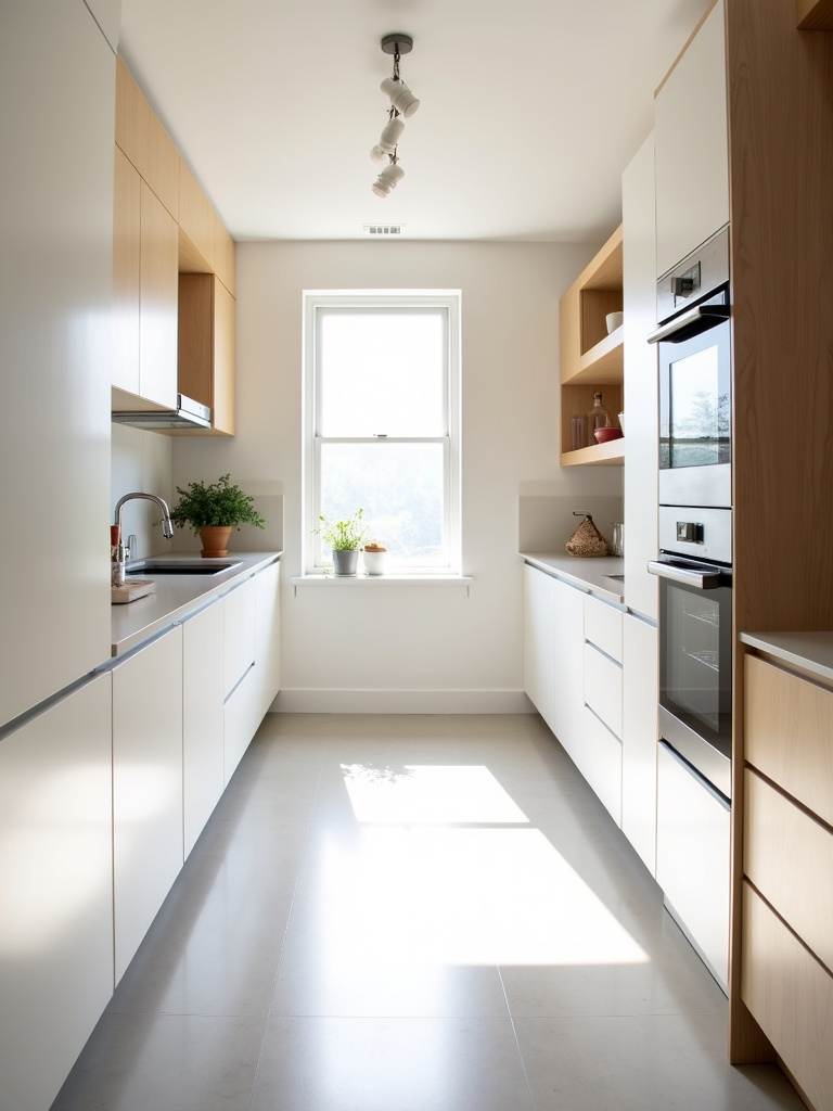 Modern white galley kitchen with efficient storage and light wood accents.