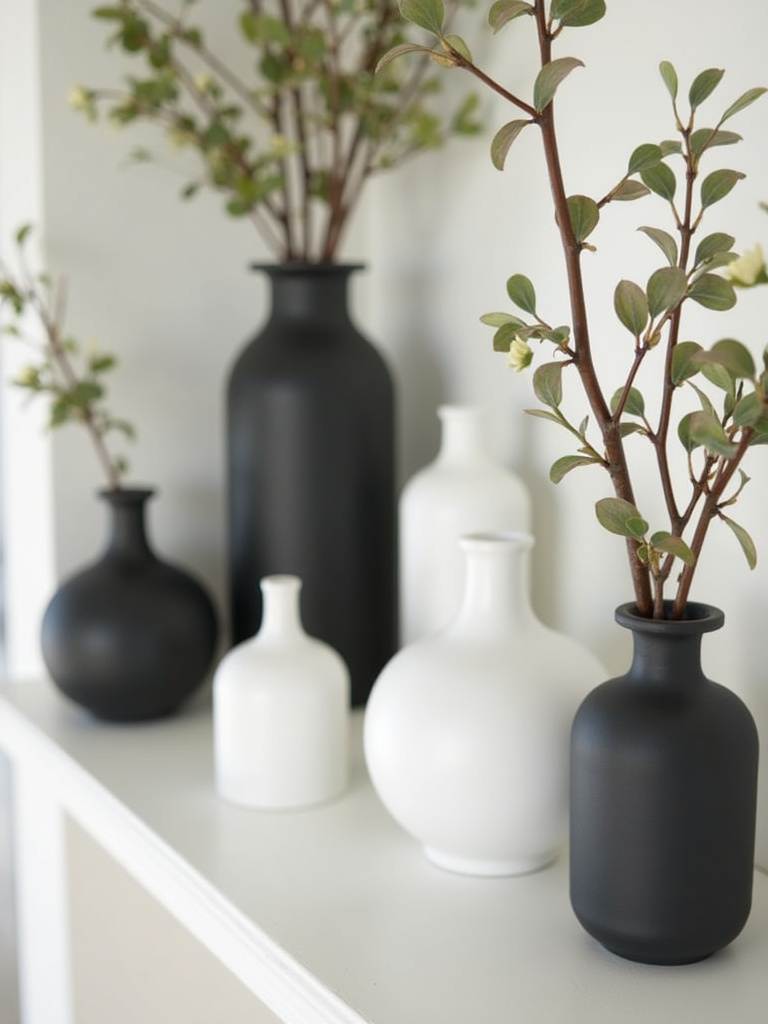 Living room shelf styled with repainted vases in matte black and white, giving old decor a fresh new look.