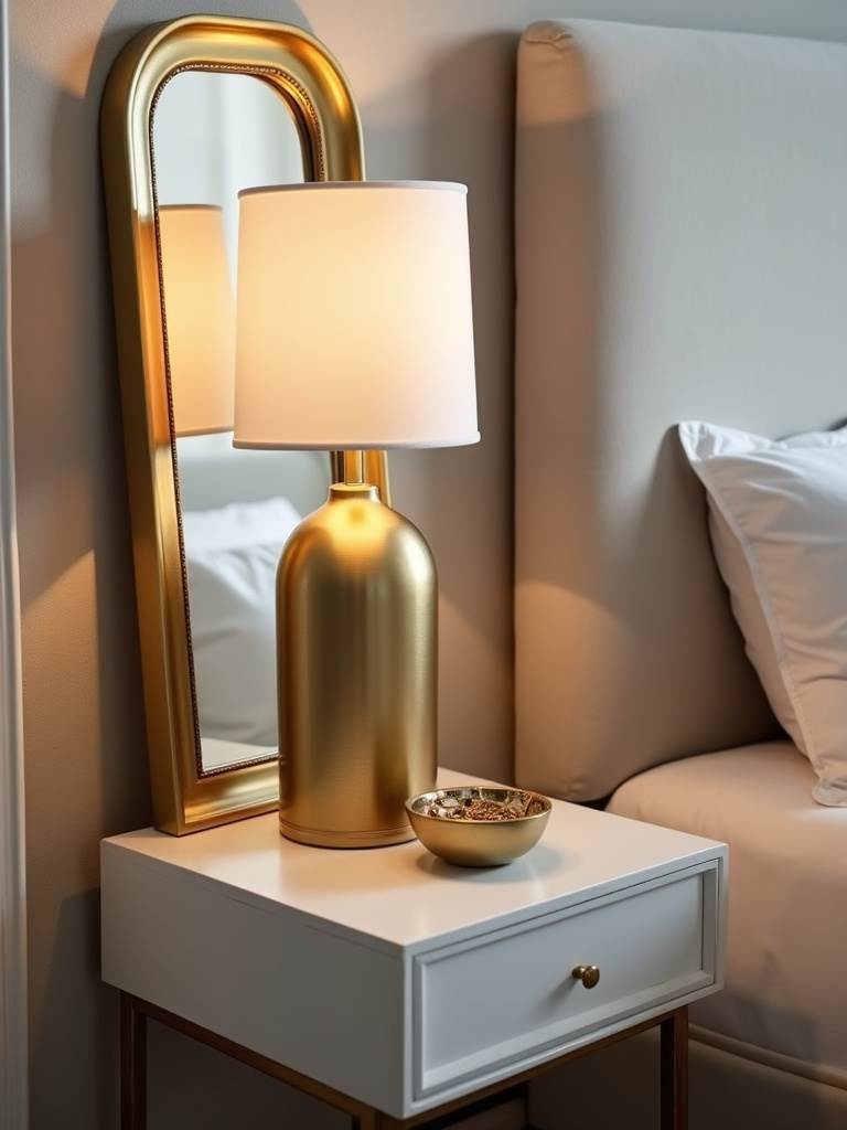 Bedside table with gold lamp, gold-framed mirror, and gold decorative bowl.