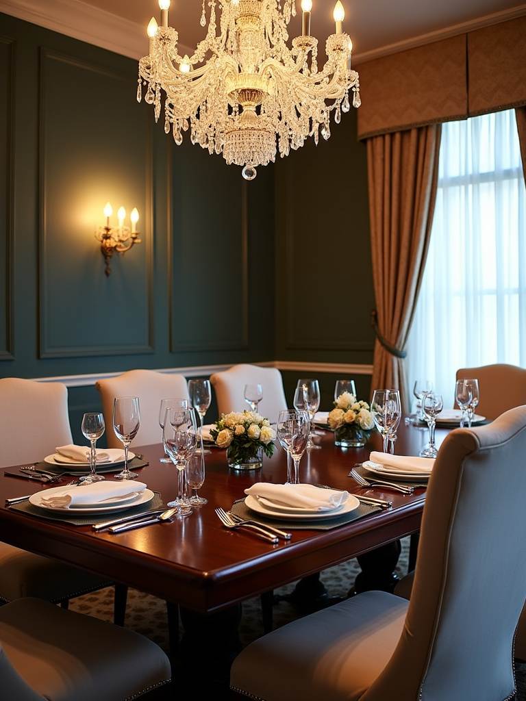 “Formal dining room set for entertaining, with a mahogany table, upholstered chairs, crystal chandelier, and elegant table setting.”