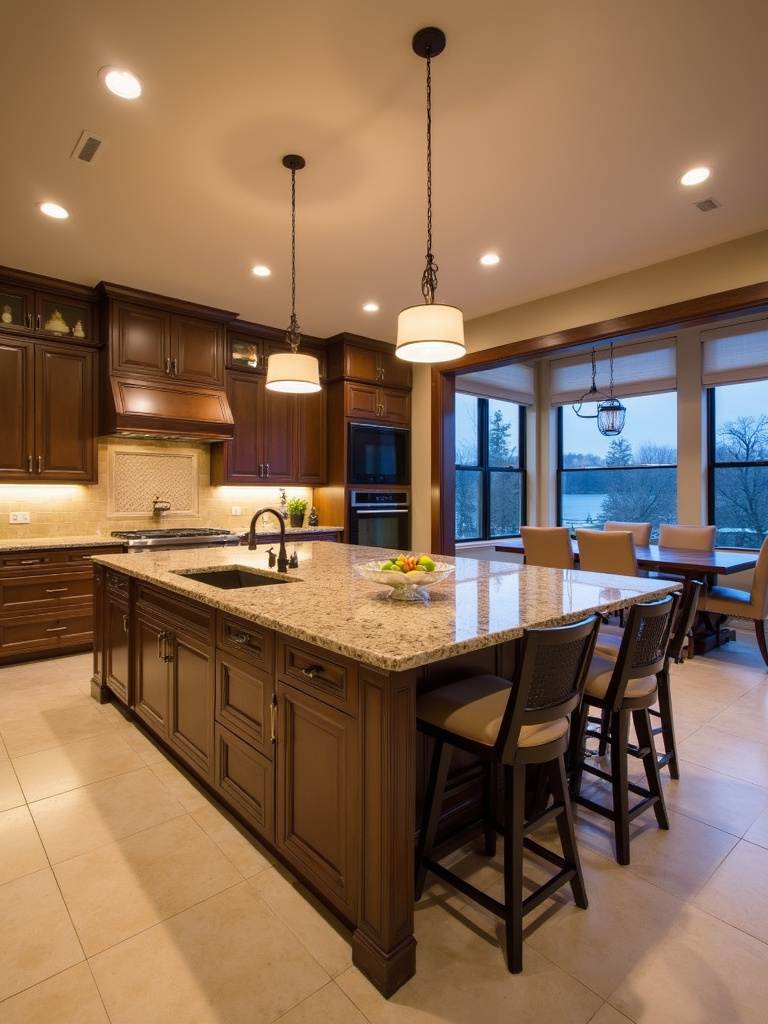 A grand kitchen island with bar stool seating and a prep sink takes center stage in a spacious luxury kitchen, illuminated by warm ambient lighting and surrounded by elegant cabinetry.