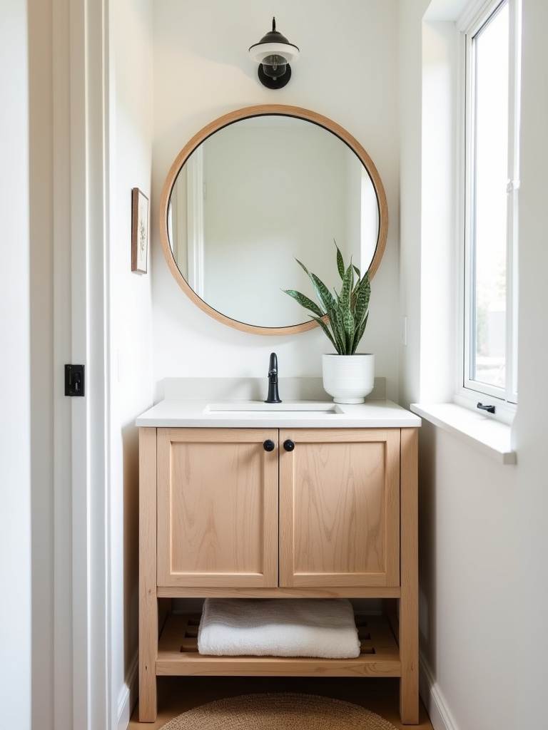 Small bohemian bathroom featuring a small snake plant in a white pot on the light wood vanity, adding a touch of green and natural life to the white and wood room.