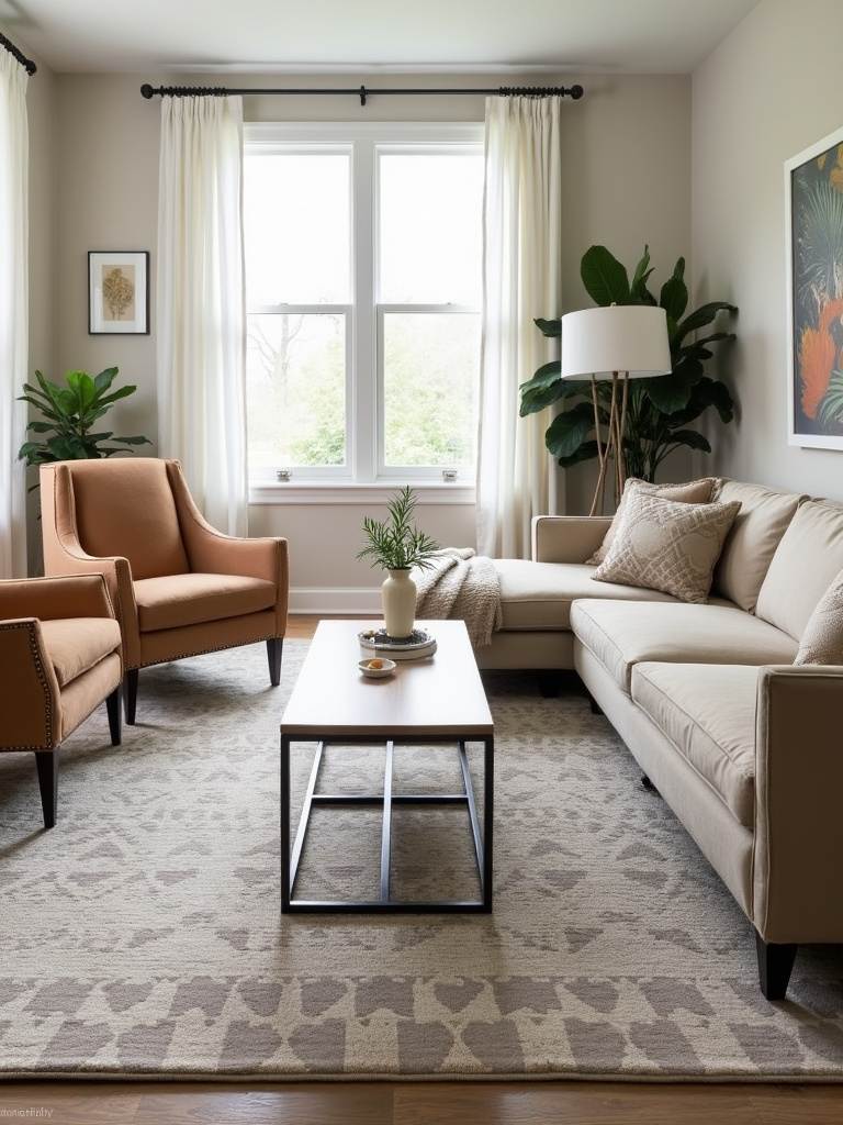 Living room with a patterned area rug grounding the sofa and seating arrangement.