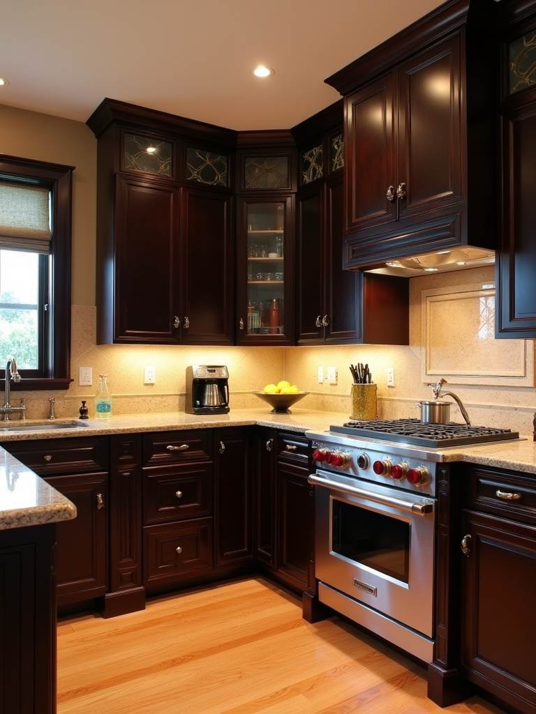 Luxurious custom kitchen cabinetry crafted from dark Macassar Ebony wood is illuminated by warm spotlights, showcasing its rich grain and sophisticated design.