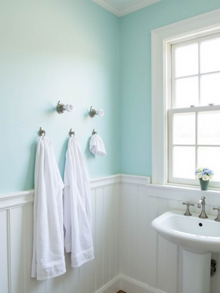 Small coastal bathroom featuring brushed nickel hooks mounted on the light blue wainscoted wall, holding rolled white towels and providing stylish and space-saving towel storage.